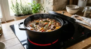 Plat mijoté savoureux préparé dans une cocotte en fonte noire sur plaque induction