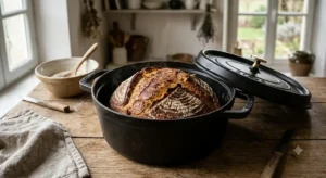 Pain de campagne doré et croustillant cuit dans une cocotte en fonte ronde