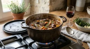 Préparation d'un bœuf bourguignon traditionnel mijoté doucement en cocotte en fonte