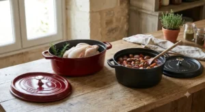Comparaison entre une cocotte en fonte ovale et un modèle rond pour la cuisine