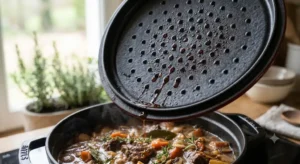 Détail du couvercle à picots d'une cocotte en fonte favorisant l'arrosage continu