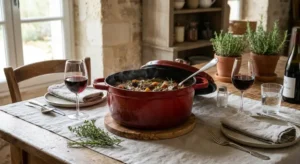 Grande cocotte en fonte élégante servie directement au centre d'une table dressée