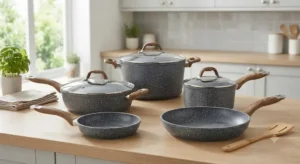 Batterie de cuisine antiadhésive effet pierre avec poignées ergonomiques