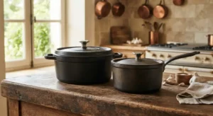 Cocotte et faitout d'une batterie de cuisine traditionnelle en fonte noire
