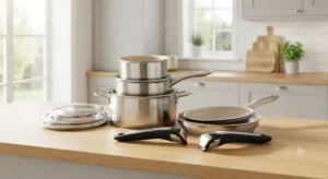 Batterie de cuisine empilable avec poignées amovibles pour un rangement facile