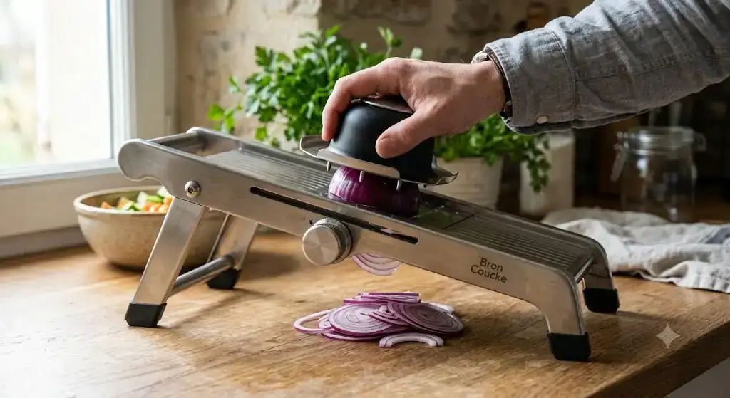 Mandoline de cuisine professionnelle en acier inoxydable avec poussoir de protection et pieds antidérapants