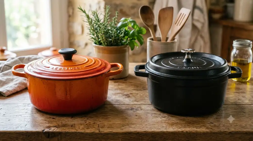 Comparatif visuel entre une cocotte en fonte émaillée Le Creuset ronde volcanique et une cocotte Staub pour bien choisir. (Le Creuset ou Staub que choisir)