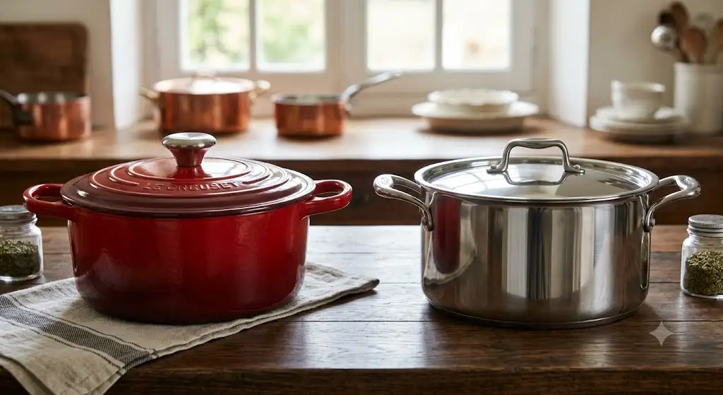 Comparatif côte à côte entre une cocotte en fonte émaillée rouge et une cocotte en inox pour la cuisine fonte vs inox quelle cocotte choisir