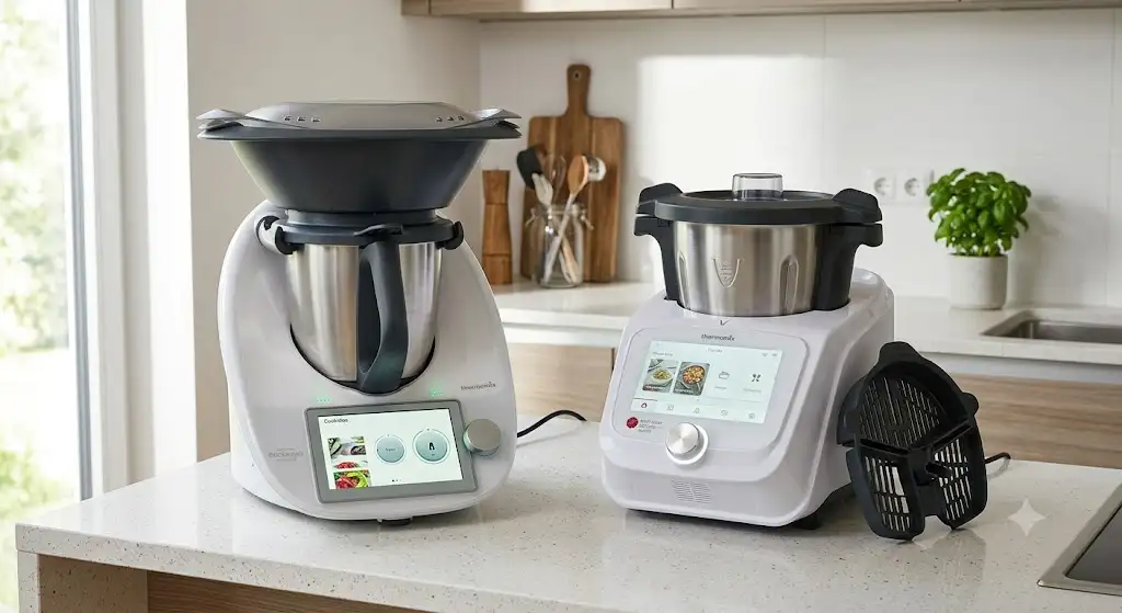 Comparatif entre le robot cuiseur Thermomix vs Monsieur Cuisine Smart côte à côte dans une cuisine.