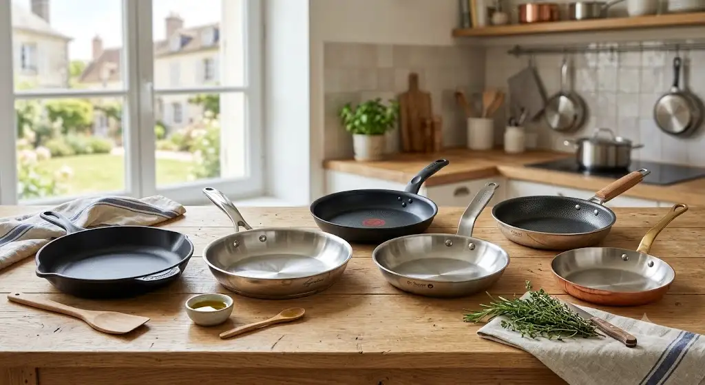Sélection des meilleures poêles en France 2026 disposées sur un plan de travail de cuisine
