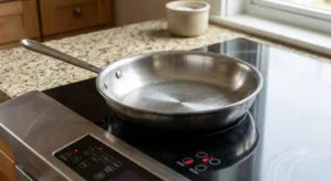Poêle en inox à fond thermoréfractaire posée sur une plaque à induction moderne
