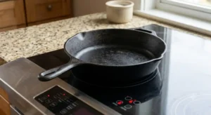 Poêle en fonte émaillée noire robuste adaptée à la cuisson sur plaque à induction