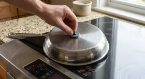 Test de l'aimant sous le fond magnétisable d'une poêle pour vérifier sa compatibilité induction