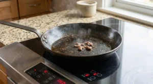 Poêle en tôle d'acier naturelle culottée prête pour saisir de la viande sur induction