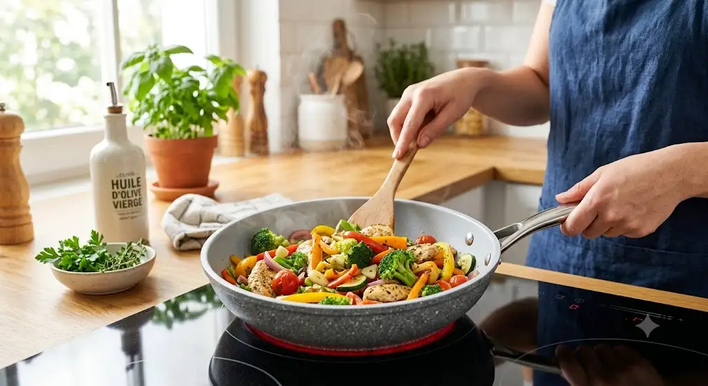 Poêle sans PFAS antiadhésive sur plaque de cuisson pour une cuisine saine au quotidien