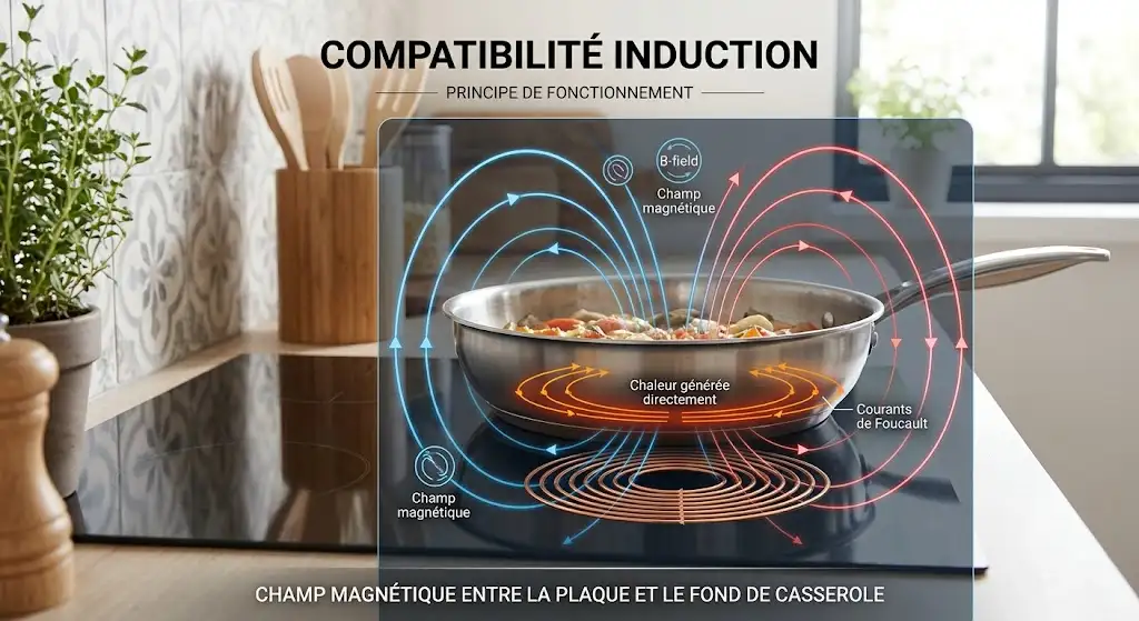 Compatibilité induction expliquée avec schéma du champ magnétique entre la plaque et le fond de casserole