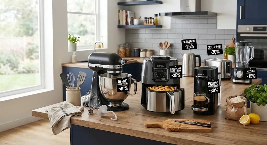 Sélection d'appareils électroménagers en promotion pour le Black Friday cuisine avec robot pâtissier et friteuse sans huile
