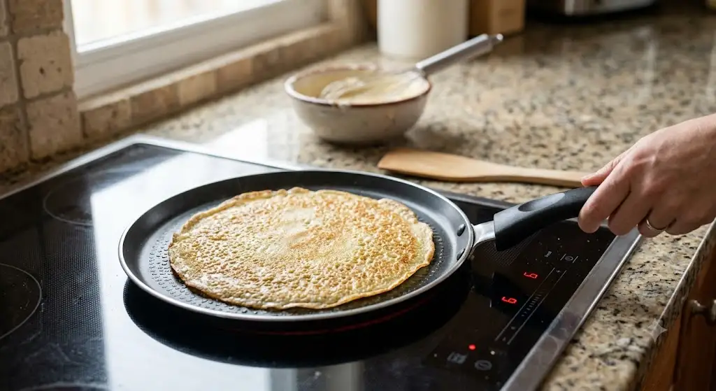 Cuisson d'une crêpe dorée dans une poêle à crêpes antiadhésive sur plaque de cuisson