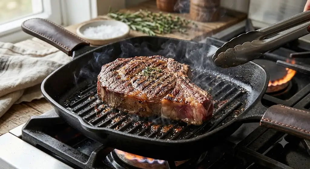 Poele grill en fonte avec rainures profondes pour saisir une cote de boeuf a la plancha