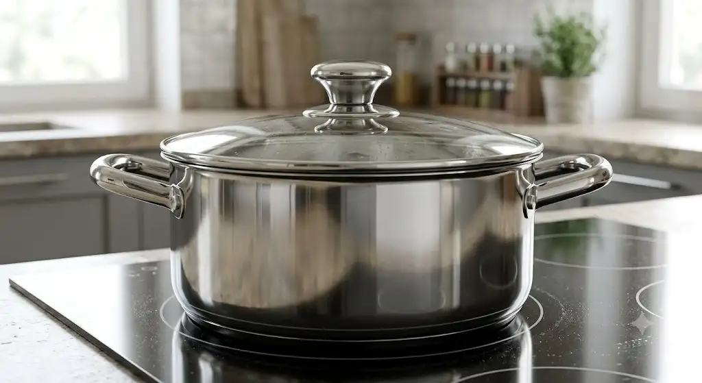 Faitout avec couvercle en verre et corps en inox brillant posé sur une plaque à induction