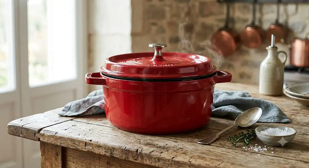Cocotte ronde en fonte émaillée rouge posée sur une table en bois rustique
