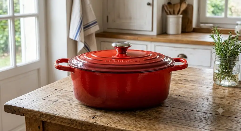 Cocotte ovale en fonte émaillée rouge cerise avec son couvercle sur un plan de travail en bois