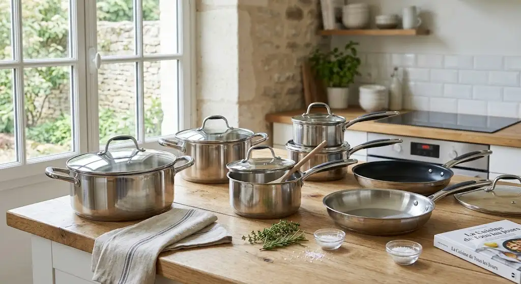 Ensemble complet de la meilleure batterie de cuisine moins de 200 euros disposé sur un plan de travail.