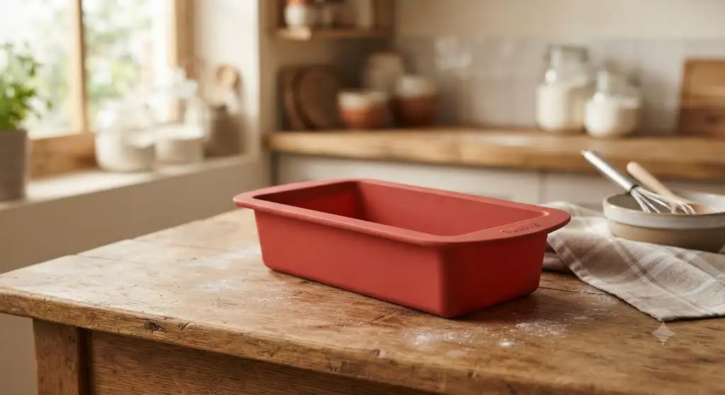 Moule à cake traditionnel en silicone posé sur une table de cuisine