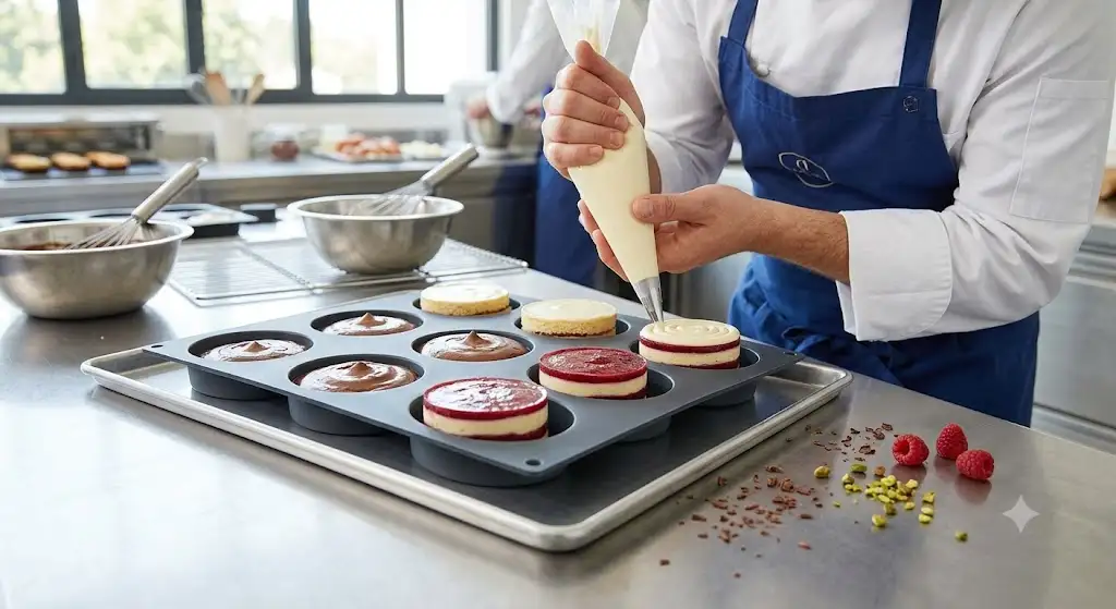 Plateau de moules en silicone pour pâtisserie professionnelle avec entremets individuels en cours de préparation . (moule silicone pâtisserie)