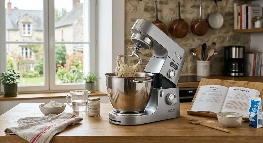 Avis sur le robot pâtissier Kenwood en action sur un plan de travail de cuisine (Kenwood robot pâtissier avis)