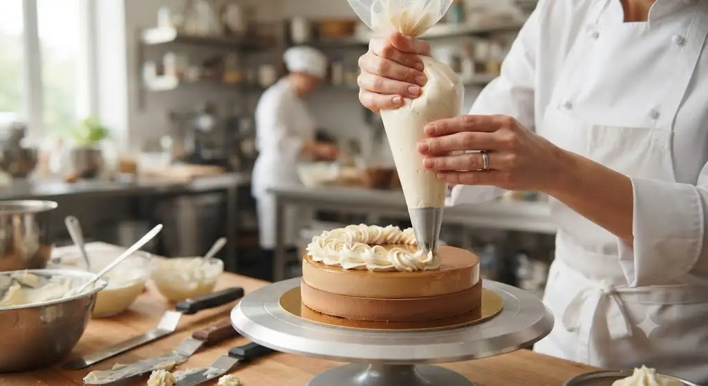 Poche a douille patisserie professionnelle remplie de creme pour le decor