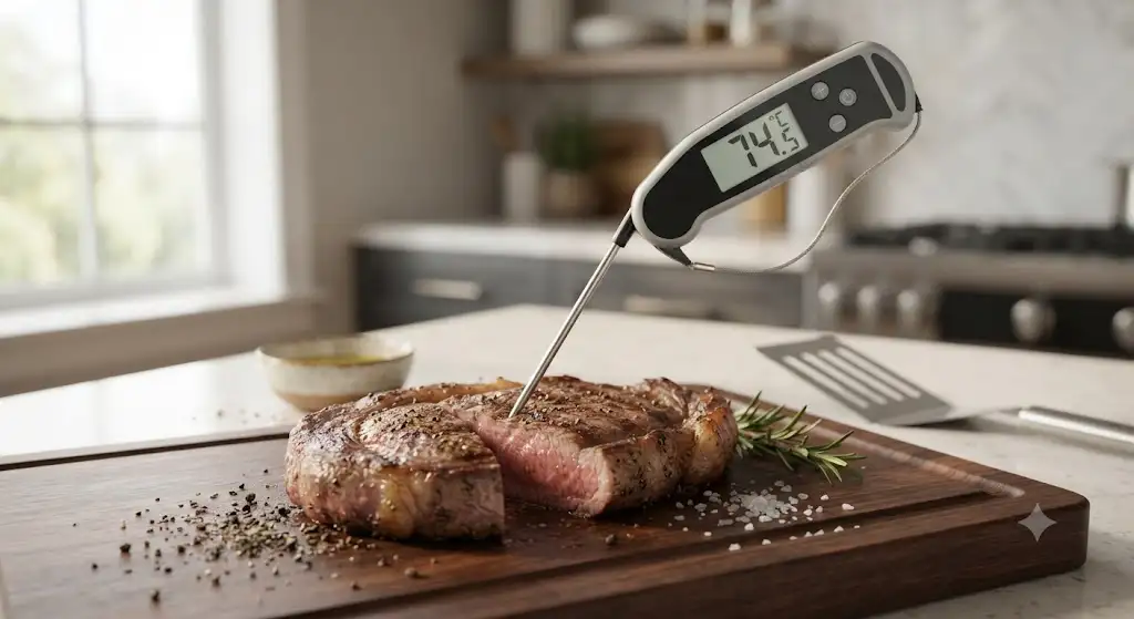 Thermomètre de cuisson digital avec sonde en inox pour contrôler la température interne des aliments.