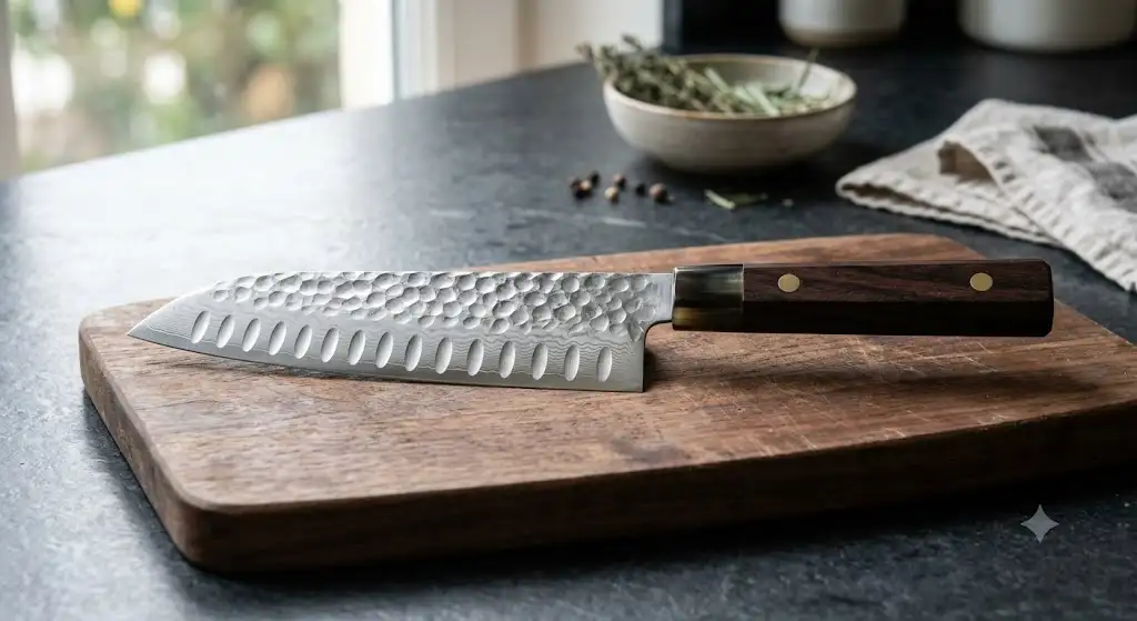 Couteau santoku japonais traditionnel à lame alvéolée en acier inoxydable posé sur un plan de travail