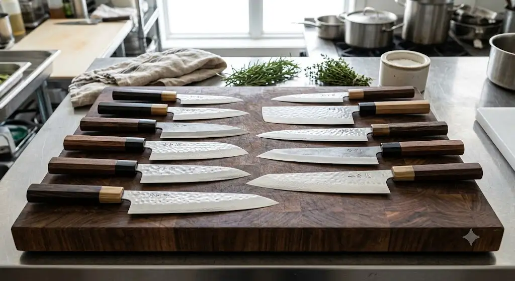 Ensemble de couteau japonais cuisine posés sur une planche en bois, incluant santoku et gyuto.