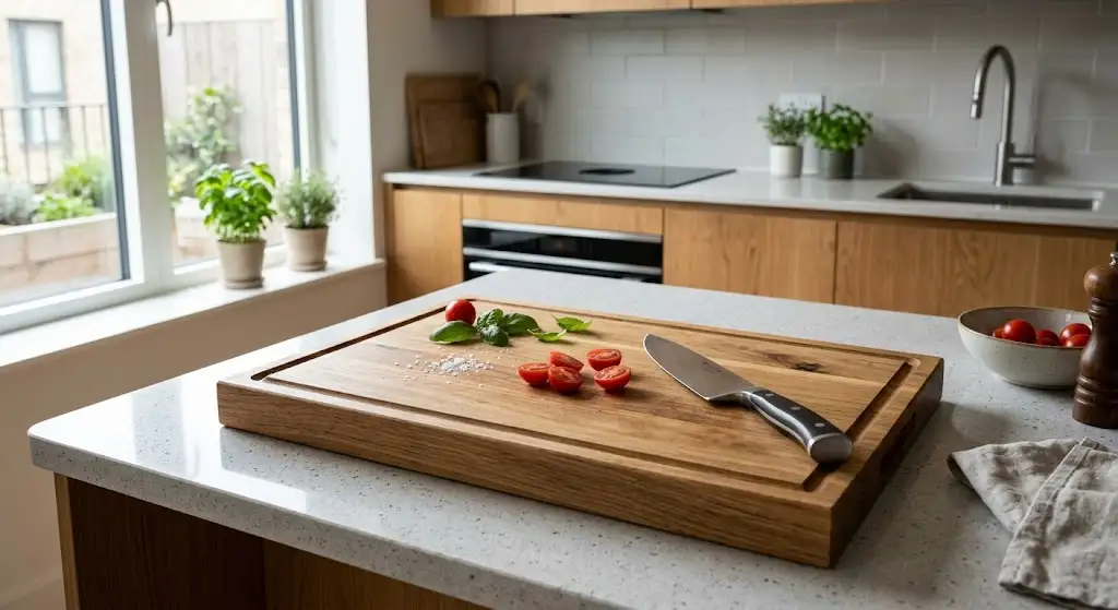 Planche à découper en bois massif posée sur le plan de travail d'une cuisine moderne avec un couteau de chef