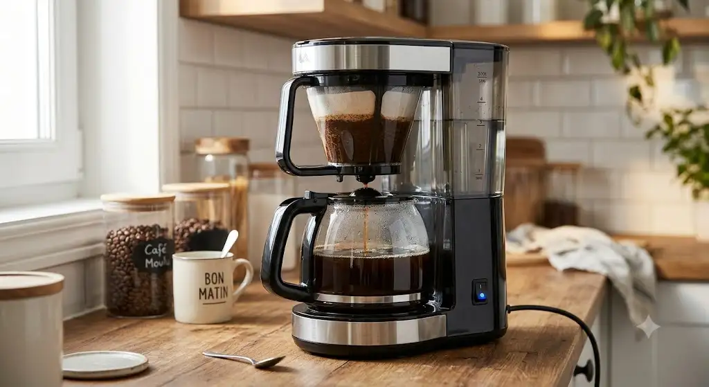 Cafetière filtre électrique moderne avec sa verseuse en verre posée sur un plan de travail de cuisine