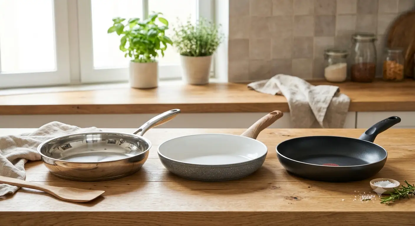 Confronto tra pentole in acciaio inox, ceramica e antiaderente disposte su un piano da cucina