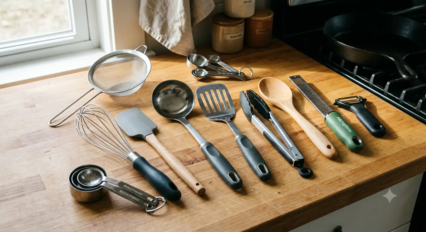Set di utensili essenziali per attrezzare la cucina con meno di 200 euro disposti su un piano di lavoro