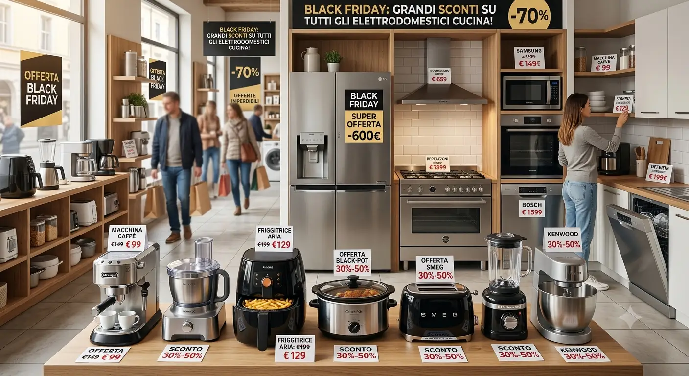 Panoramica di piccoli e grandi elettrodomestici da cucina in offerta durante il Black Friday