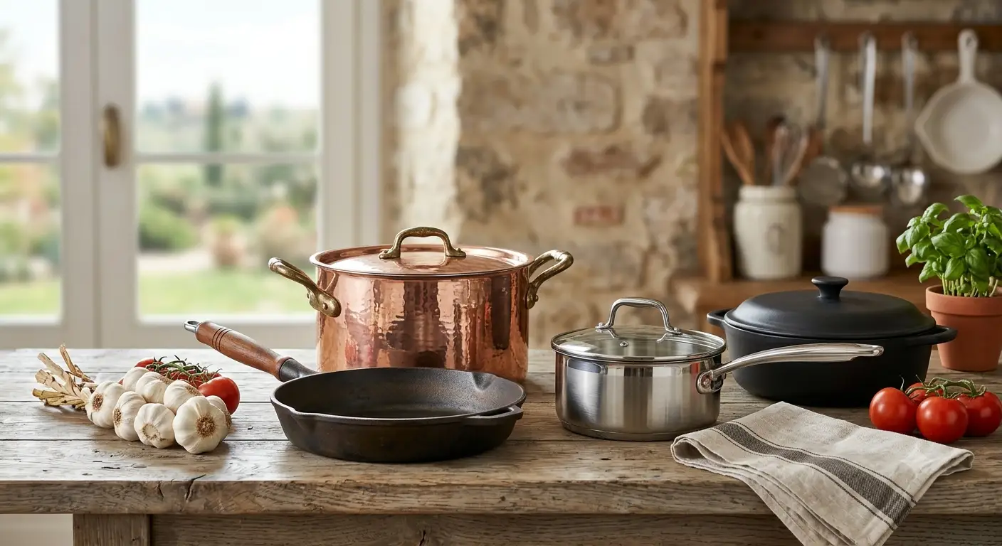 Panoramica dei principali materiali per le pentole della cucina italiana come rame, ghisa e acciaio inox