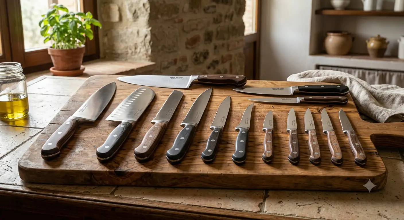 Set completo dei migliori coltelli da cucina in italia disposti su un tagliere di legno