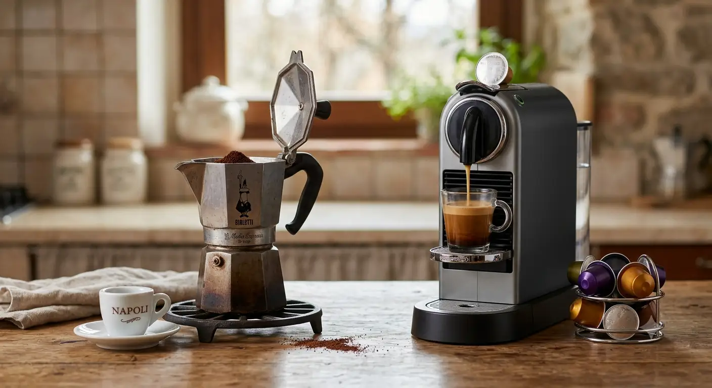 Confronto tra una classica moka tradizionale e una moderna macchina a capsule affiancate su un piano da cucina