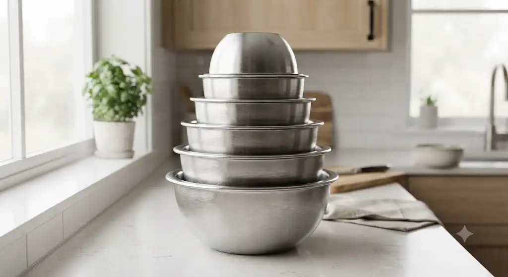 Ensemble de bols inox empilables disposés sur un plan de travail de cuisine moderne