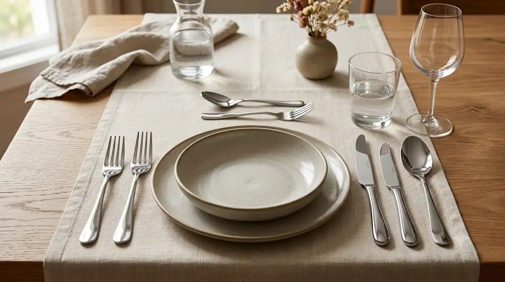 Set de couverts complet en acier inoxydable disposé avec élégance sur une table à manger