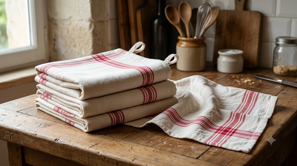 Lot de torchons de cuisine en coton à rayures rouges style bistrot traditionnel pliés sur un plan de travail