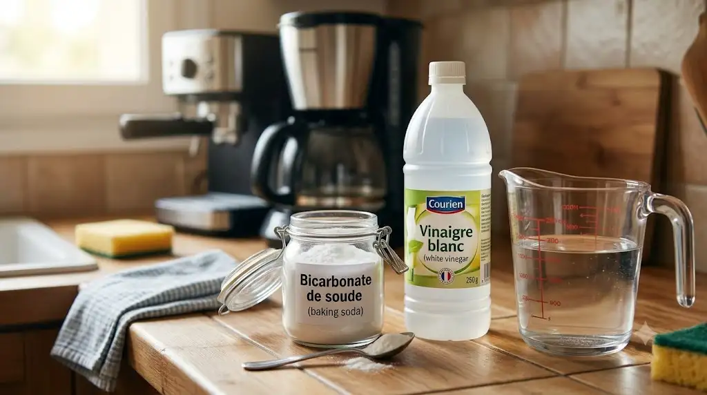 Ingrédients naturels sur un plan de travail pour détartrer une cafetière avec du vinaigre blanc et du bicarbonate. (détartrer cafetière)