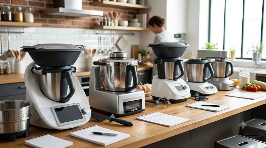 Banc d'essai comparatif de plusieurs robots de cuisine multifonctions alignés sur un plan de travail. (test robots de cuisine)
