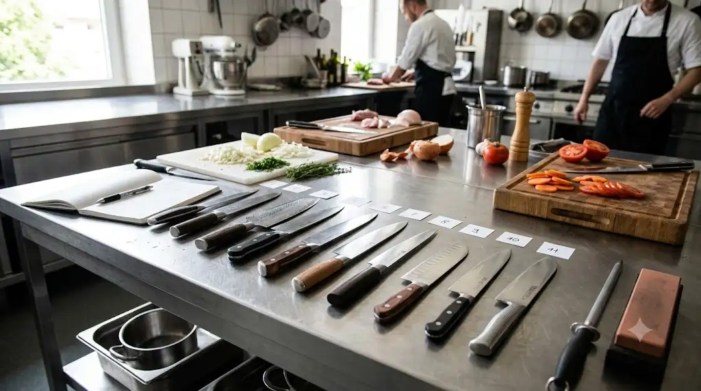 Banc d'essai et comparatif visuel lors d'un test de couteaux de cuisine pour chefs et amateurs. (test couteaux cuisine)
