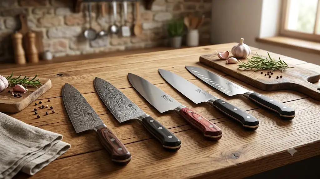 Sélection et comparatif des meilleurs couteaux de chef en France pour 2026 disposés sur un plan de travail en bois. (meilleurs couteaux de chef en France 2026)