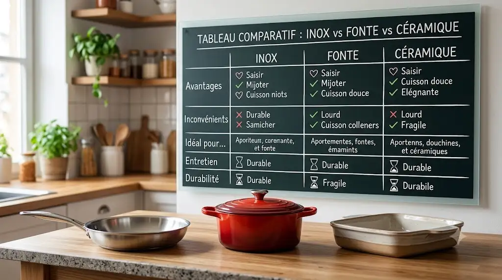 Tableau comparatif entre inox, fonte et céramique pour bien choisir son matériau de cuisson en cuisine. (inox fonte ou céramique quel matériau choisir)